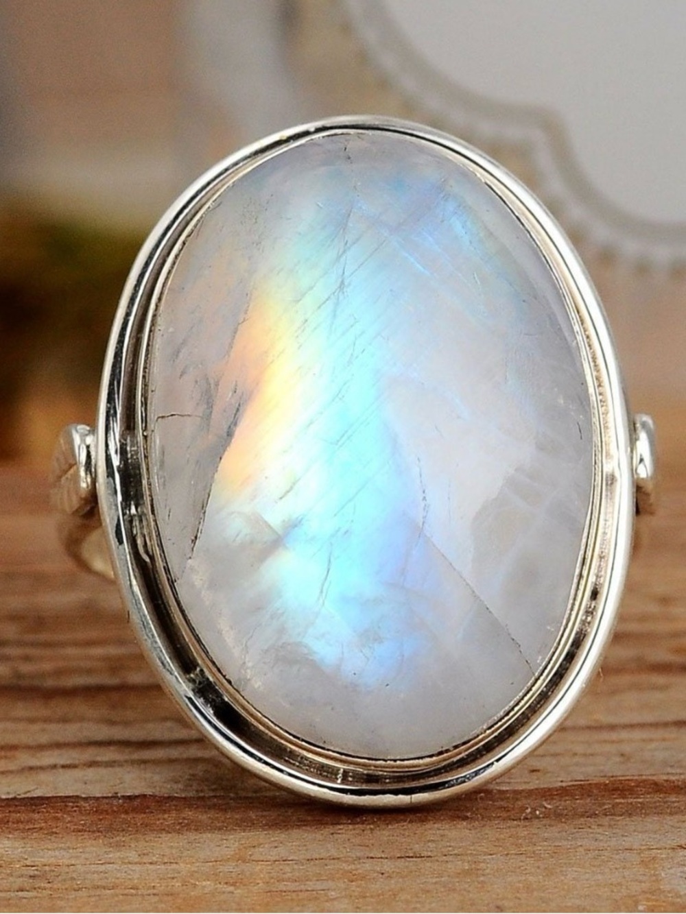 Sterling Silver Rainbow Moonstone Statement Ring Size 7